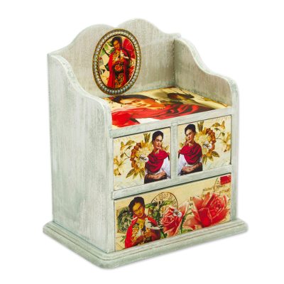 Decoupage wood jewelry chest, 'Frida Rose' - Pinewood Decoupage Frida Kahlo Jewelry Chest from Mexico