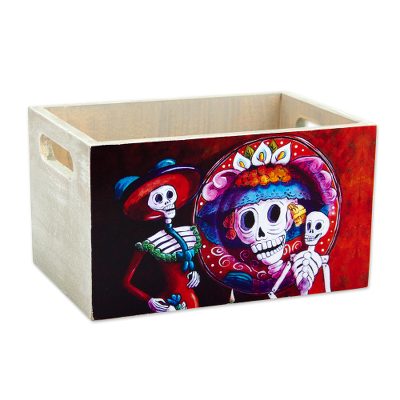 Decoupage wood decorative crate, 'Catrina Duo' - Multicolored Decoupage Pinewood Catchall from Mexico