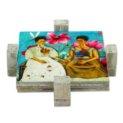 Decoupage wood coasters, 'Life of Frida' (set of 4) - Four Square Mexican Decoupage Pinewood Frida Kahlo Coasters