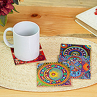 Featured review for Decoupage wood coasters, Huichol Sun and Moon (set of 4)