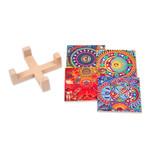 Decoupage wood coasters, 'Huichol Sun and Moon' (set of 4) - Four Decoupage Pinewood Mexican Sun and Moon Motif Coasters