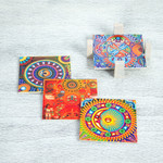 Decoupage wood coasters, 'Huichol Sun and Moon' (set of 4) - Four Decoupage Pinewood Mexican Sun and Moon Motif Coasters