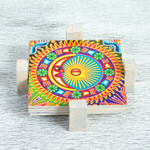 Decoupage wood coasters, 'Huichol Sun and Moon' (set of 4) - Four Decoupage Pinewood Mexican Sun and Moon Motif Coasters