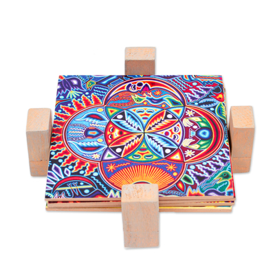 Posavasos de madera decoupage, (juego de 4) - Cuatro posavasos con motivo mexicano de sol y luna de madera de pino de decoupage