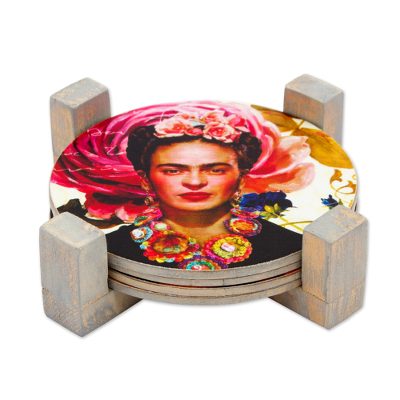 Decoupage wood coasters, 'Frida's Gaze' (set of 4) - Four Round Decoupage Pinewood Mexican Frida Kahlo Coasters