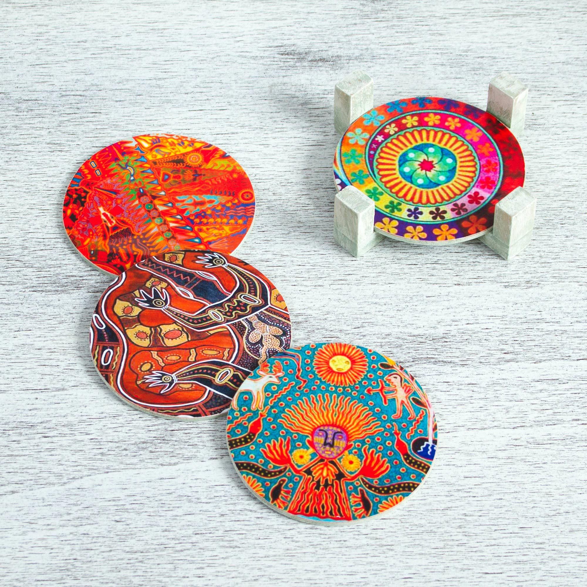 UNICEF Market Four Round Multicolored Mexican Pinewood Decoupage