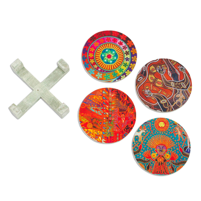 Decoupage wood coasters, 'Round Huichol' (set of 4) - Four Round Multicolored Mexican Pinewood Decoupage Coasters