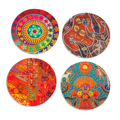 Decoupage wood coasters, 'Round Huichol' (set of 4) - Four Round Multicolored Mexican Pinewood Decoupage Coasters