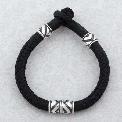 UNICEF Market  Sterling Silver and Leather Wristband Bracelet from Mexico  - Mexican Geometry