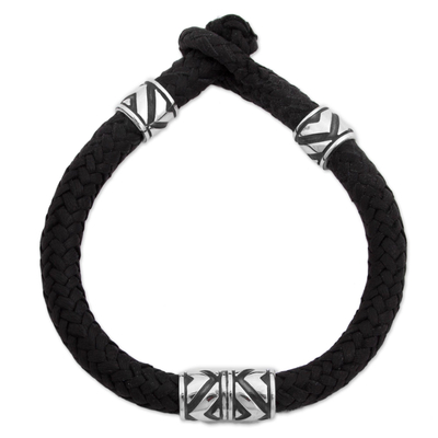 UNICEF Market  Sterling Silver and Leather Wristband Bracelet from Mexico  - Mexican Geometry