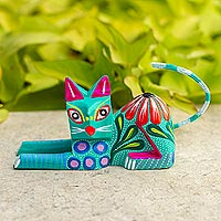 Copal Wood Alebrije Cat Sculpture in Teal from Mexico,'Excited Cat in Teal'