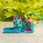 Wood sculpture, 'Excited Cat in Teal' - Copal Wood Alebrije Cat Sculpture in Teal from Mexico
