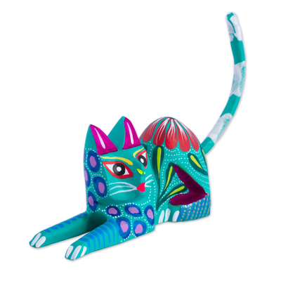 Wood sculpture, 'Excited Cat in Teal' - Copal Wood Alebrije Cat Sculpture in Teal from Mexico