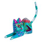 Wood sculpture, 'Excited Cat in Teal' - Copal Wood Alebrije Cat Sculpture in Teal from Mexico