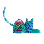 Wood sculpture, 'Excited Cat in Teal' - Copal Wood Alebrije Cat Sculpture in Teal from Mexico