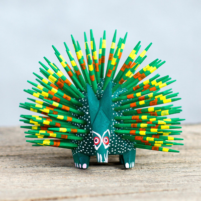 Wood sculpture, Cute Porcupine in Green