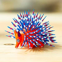 Copal wood alebrije, 'Cute Porcupine in Red' - Copal Wood Alebrije Porcupine Sculpture in Red and Blue