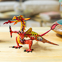 Escultura de alebrije en madera, 'Dragón Mexicano en Rojo' - Escultura Alebrije de Madera de Copal de Dragón en Rojo y Naranja