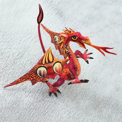 Copal wood alebrije, 'Mexican Dragon in Red' - Copal Wood Dragon Alebrije Sculpture in Red and Orange