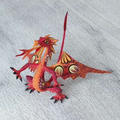 Copal wood alebrije, 'Mexican Dragon in Red' - Copal Wood Dragon Alebrije Sculpture in Red and Orange