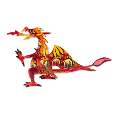 Wood alebrije sculpture, 'Mexican Dragon in Red' - Copal Wood Alebrije Sculpture of Dragon in Red and Orange