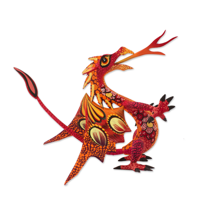 Escultura de alebrije de madera. - Escultura Alebrije de Madera de Copal de Dragón en Rojo y Naranja