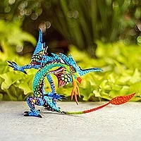 Escultura de alebrije en madera, 'Dragón Mexicano en Azul' - Escultura Alebrije de Madera de Copal de Dragón en Azul de México