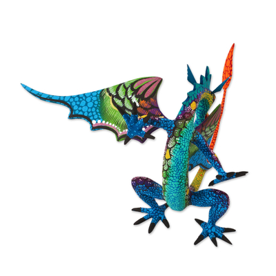 Copal wood alebrije, 'Mexican Dragon in Blue' - Copal Wood Dragon Alebrije Sculpture in Blue from Mexico