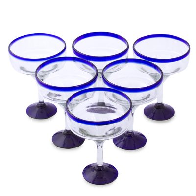 Blown glass margarita glasses, 'Cobalt Contrasts' (set of 6) - Eco Friendly Set of Six Hand Blown Margarita Glasses