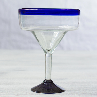 Blown glass margarita glasses, 'Cobalt Contrasts' (set of 6) - Eco Friendly Set of Six Hand Blown Margarita Glasses