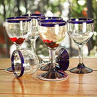 Blown glass wine goblets, 'Cobalt Contrasts' (set of 6)