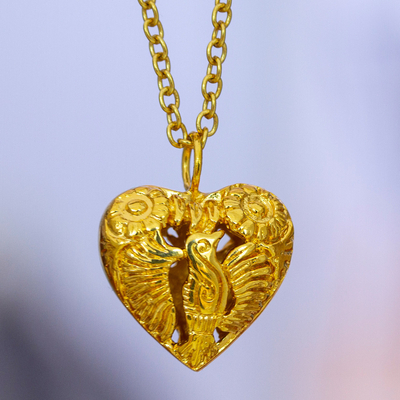 Gold plated pendant necklace, 'Oaxaca Hummingbird' - Gold Plated Hummingbird Heart Pendant Necklace from Mexico