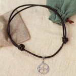 Sterling silver pendant necklace, 'Ometeotl' - Taxco Sterling Silver and Leather Pendant Necklace