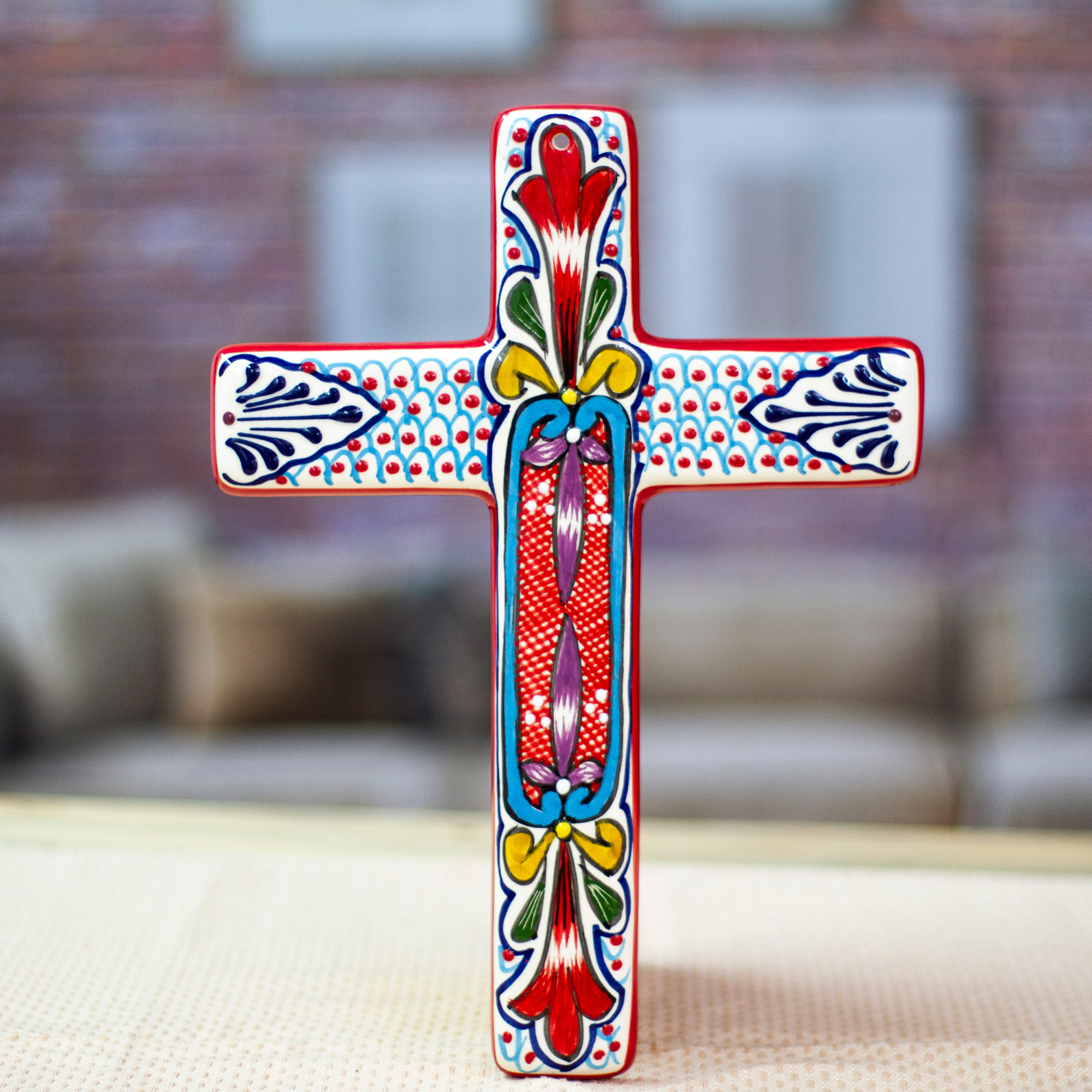 UNICEF Market Ceramic Wall Cross with Multicolored Motifs from Mexico