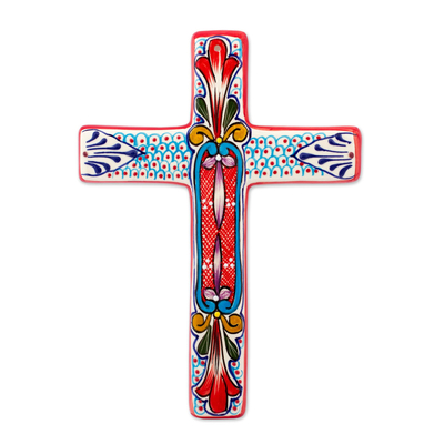 Ceramic Wall Cross with Multicolored Motifs from Mexico