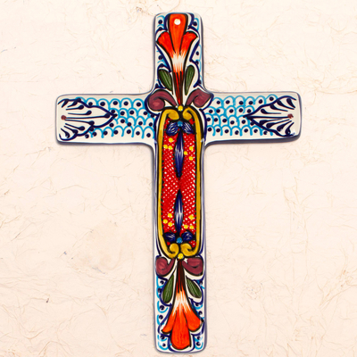 Ceramic wall cross, 'Orange Lily' - Hand Crafted Multicolored Ceramic Wall Cross From Mexico