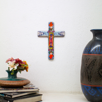 Cruz de pared de cerámica, 'Orange Lily' - Cruz de pared de cerámica multicolor hecha a mano de México