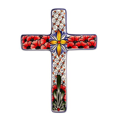 Ceramic wall cross, 'Flower Field' - Multicolored Ceramic Mexican Wall Cross with Floral Motifs