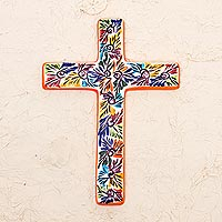 Artisan Crafted Multicolored Ceramic Wall Cross from Mexico,'Spiritual Fireworks'