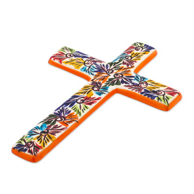 Ceramic wall cross, 'Spiritual Fireworks' - Artisan Crafted Multicolored Ceramic Wall Cross from Mexico