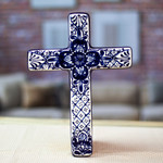 Ceramic wall cross, 'Talavera Flower' - Hand Crafted Talavera Style Ceramic Wall Cross from Mexico