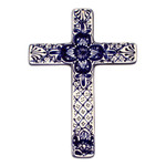 Ceramic wall cross, 'Talavera Flower' - Hand Crafted Talavera Style Ceramic Wall Cross from Mexico