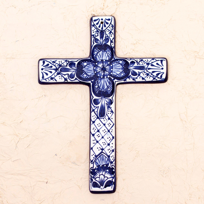 Ceramic wall cross, 'Talavera Flower' - Hand Crafted Talavera Style Ceramic Wall Cross from Mexico