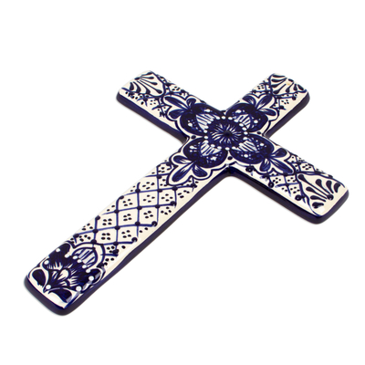 Ceramic wall cross, 'Talavera Flower' - Hand Crafted Talavera Style Ceramic Wall Cross from Mexico