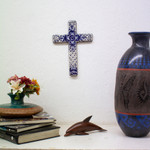 Ceramic wall cross, 'Talavera Flower' - Hand Crafted Talavera Style Ceramic Wall Cross from Mexico