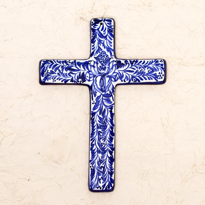 Ceramic wall cross, 'Blue Leaves' - Blue and Ivory Artisan Crafted Ceramic Mexican Wall Cross