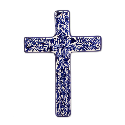 Blue and Ivory Artisan Crafted Ceramic Mexican Wall Cross