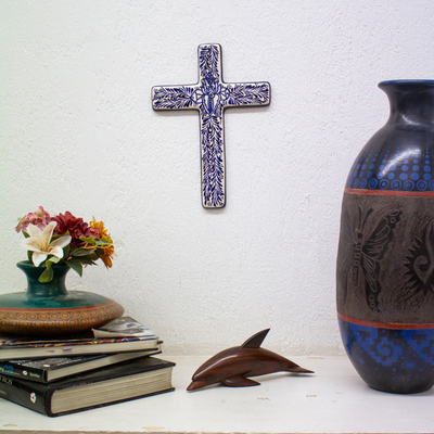 Ceramic wall cross, 'Blue Leaves' - Blue and Ivory Artisan Crafted Ceramic Mexican Wall Cross