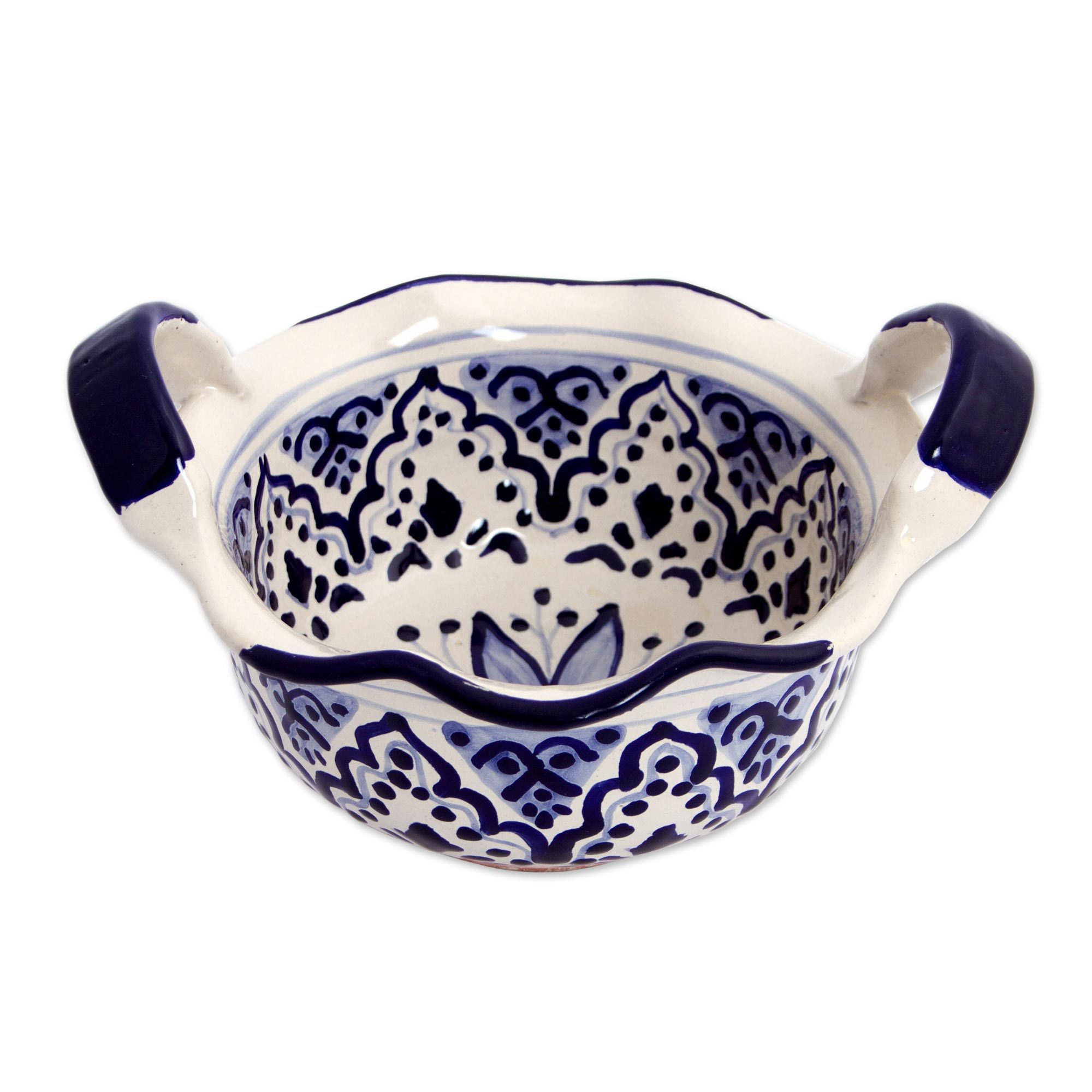 Ceramic Salsa Bowl with Blue Floral Motifs from Mexico Village Flower