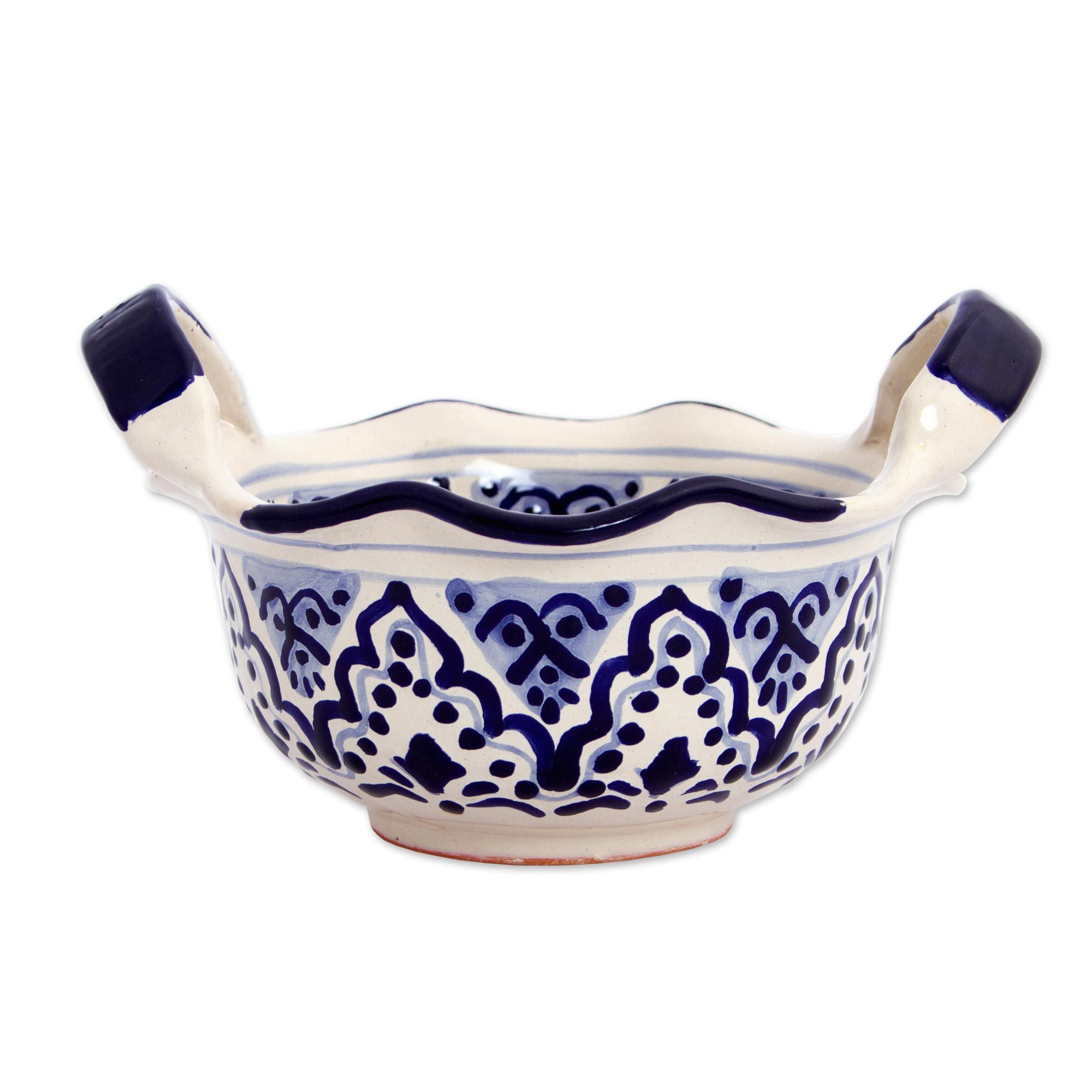 Ceramic Salsa Bowl with Blue Floral Motifs from Mexico Village Flower